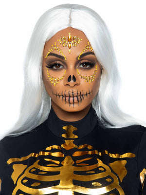 Sugar Skull Adhesive Face Jewels Sticker - Gold