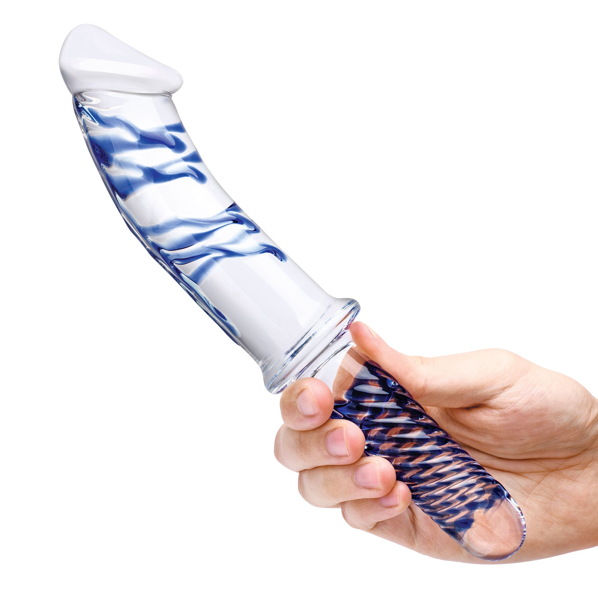 11 Inch Realistic Double Ended Glass Dildo With  Handle - Blue/clear