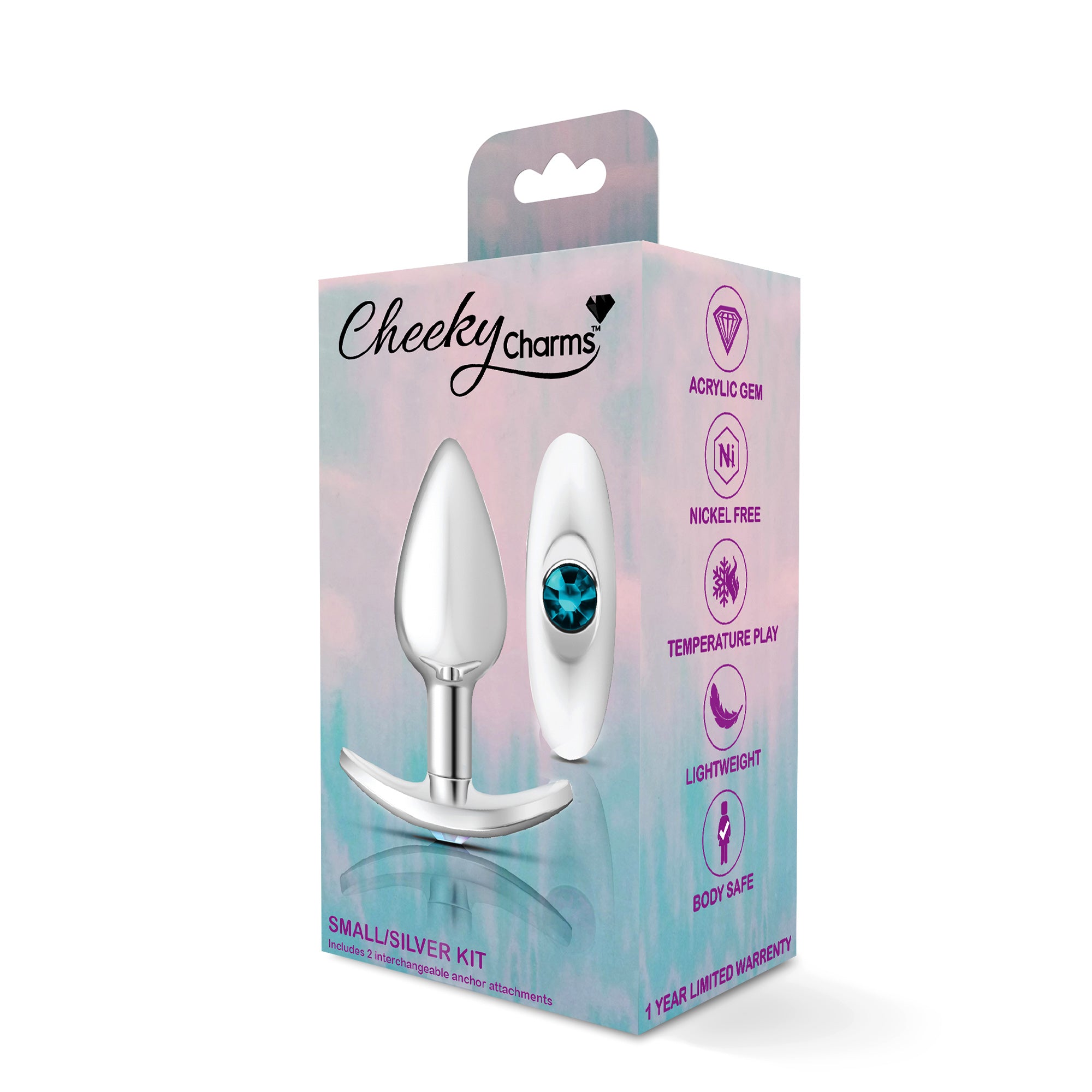 Cheeky Charms-Silver Metal Butt Plug Kit- Clear/teal