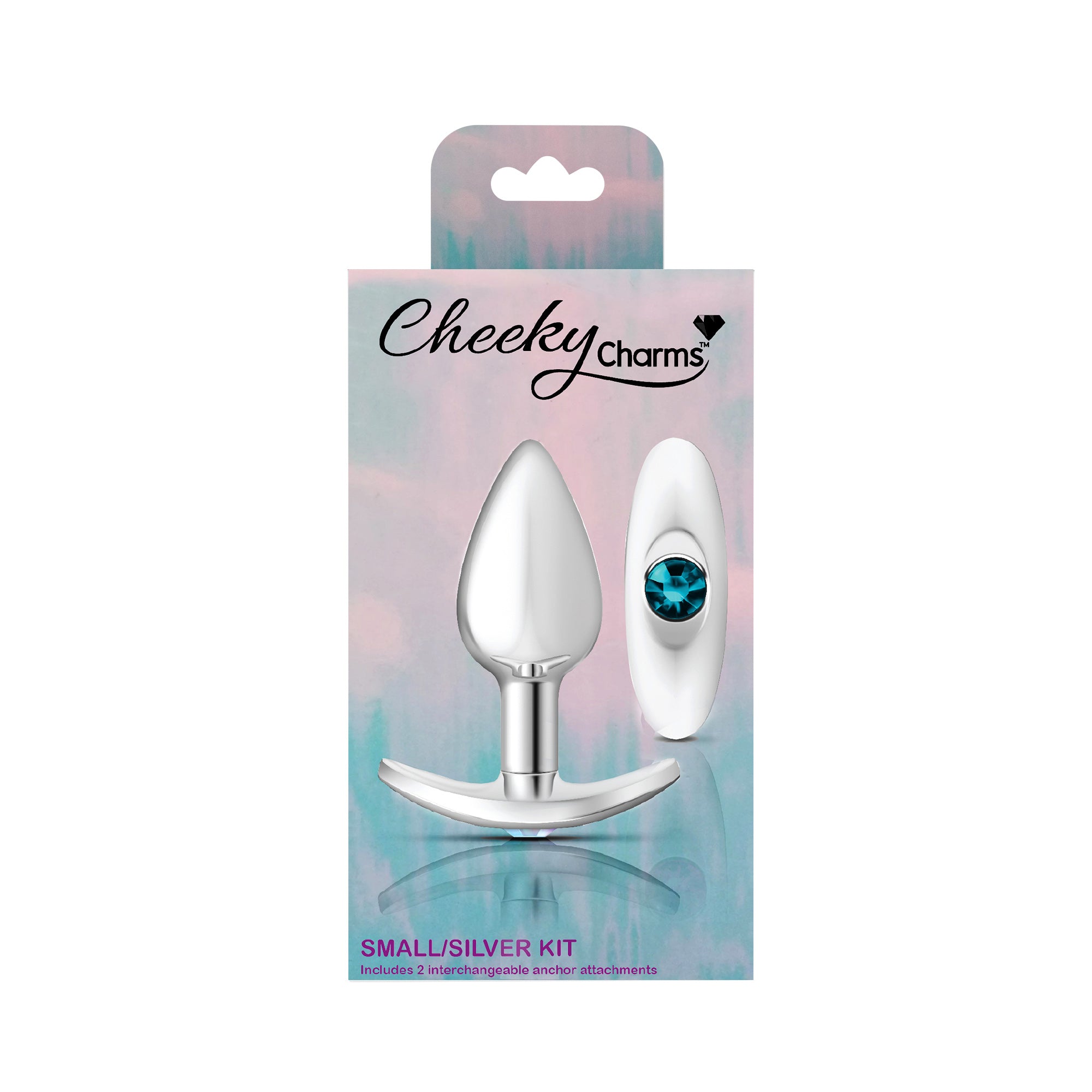 Cheeky Charms-Silver Metal Butt Plug Kit- Clear/teal