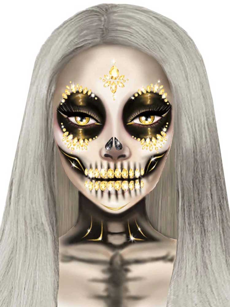 Sugar Skull Adhesive Face Jewels Sticker - Gold